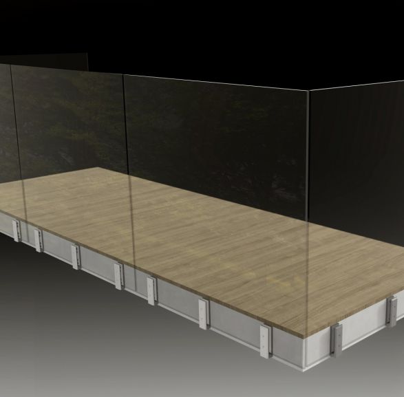 All-glass balcony balustrade side assembly on spigot rectangular posts