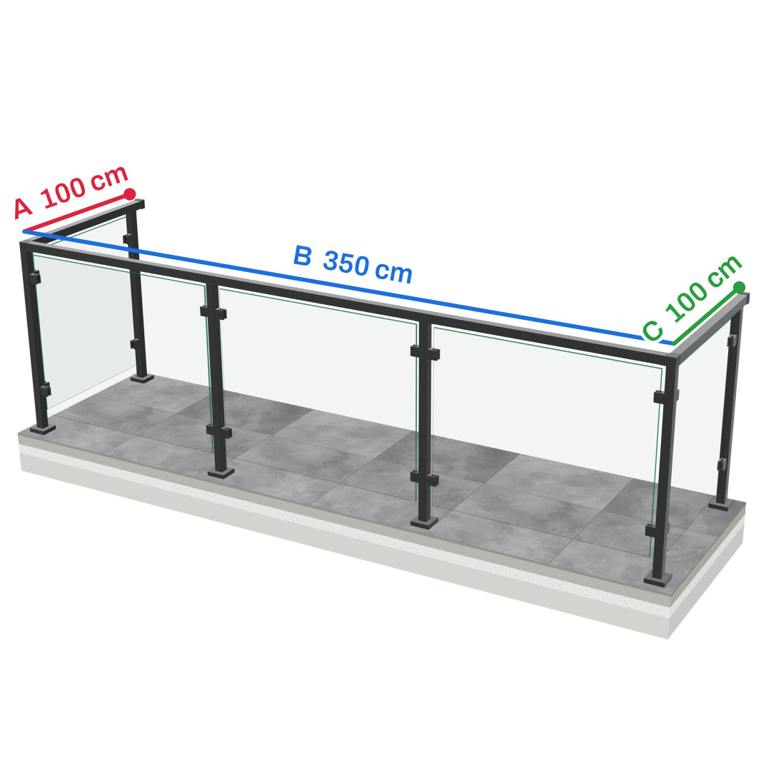 Wymiary balustrady szklanej z poręczą Wymiary balustrady szklanej z poręczą