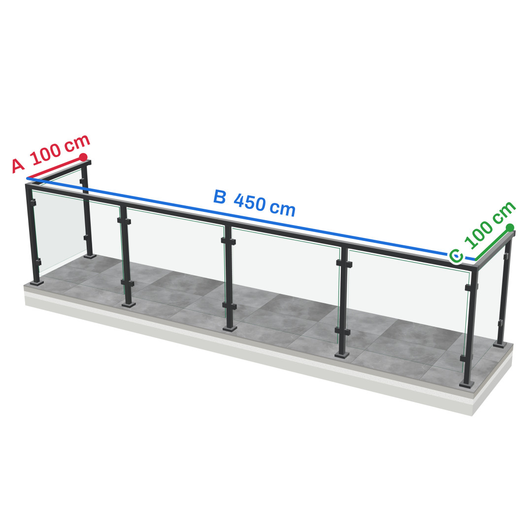 Wymiary balustrady szklanej z poręczą Wymiary balustrady szklanej z poręczą