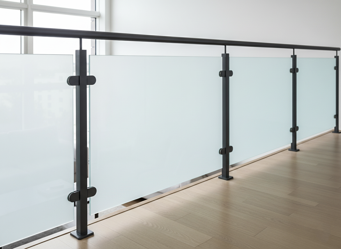 balustrada szklana antresola na słupkach z poręczą antracyt szkło mleczne