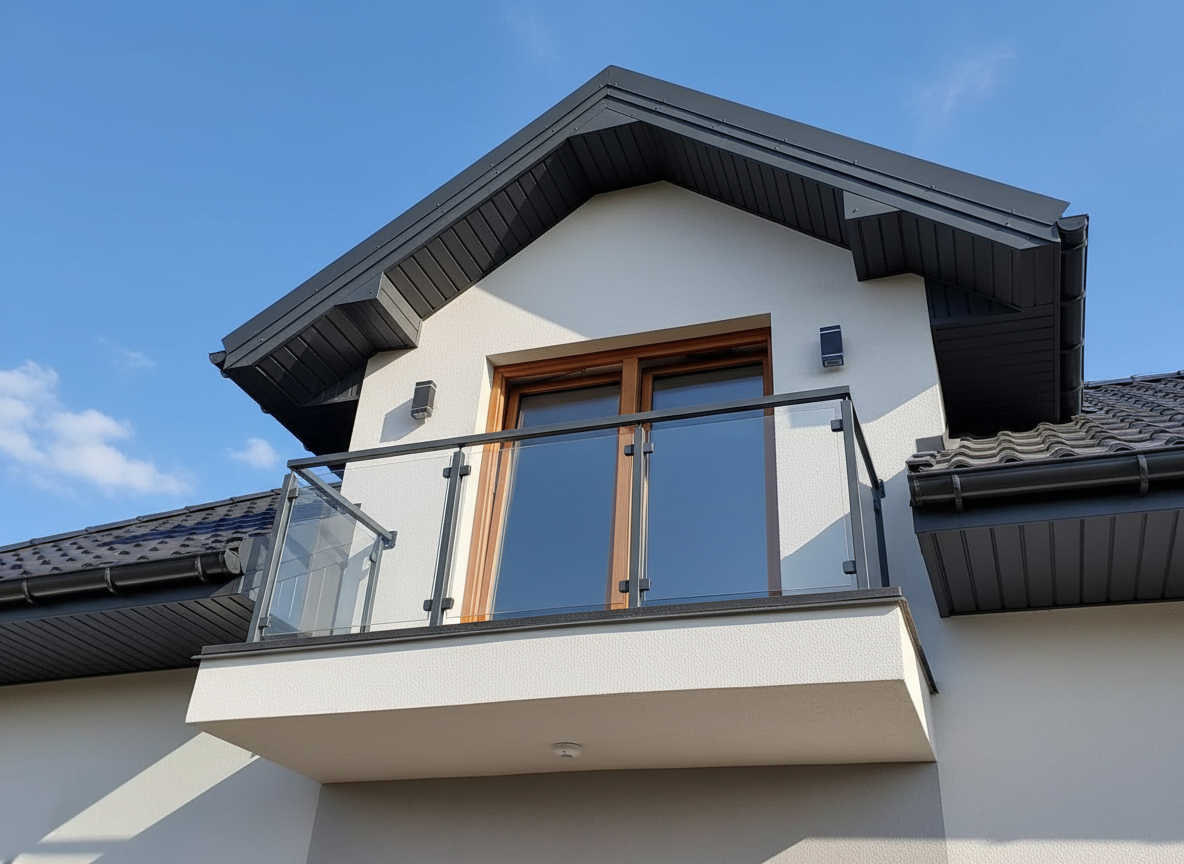 balustrada szklana balkonowa na słupkach z poręczą antracyt szkło bezbarwne