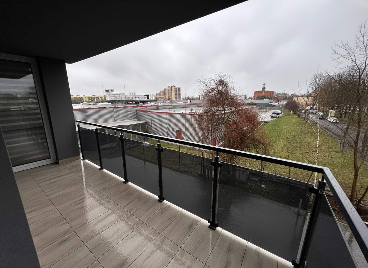 balustrada szklana balkonowa na słupkach z poręczą antracyt szkło grafitowe