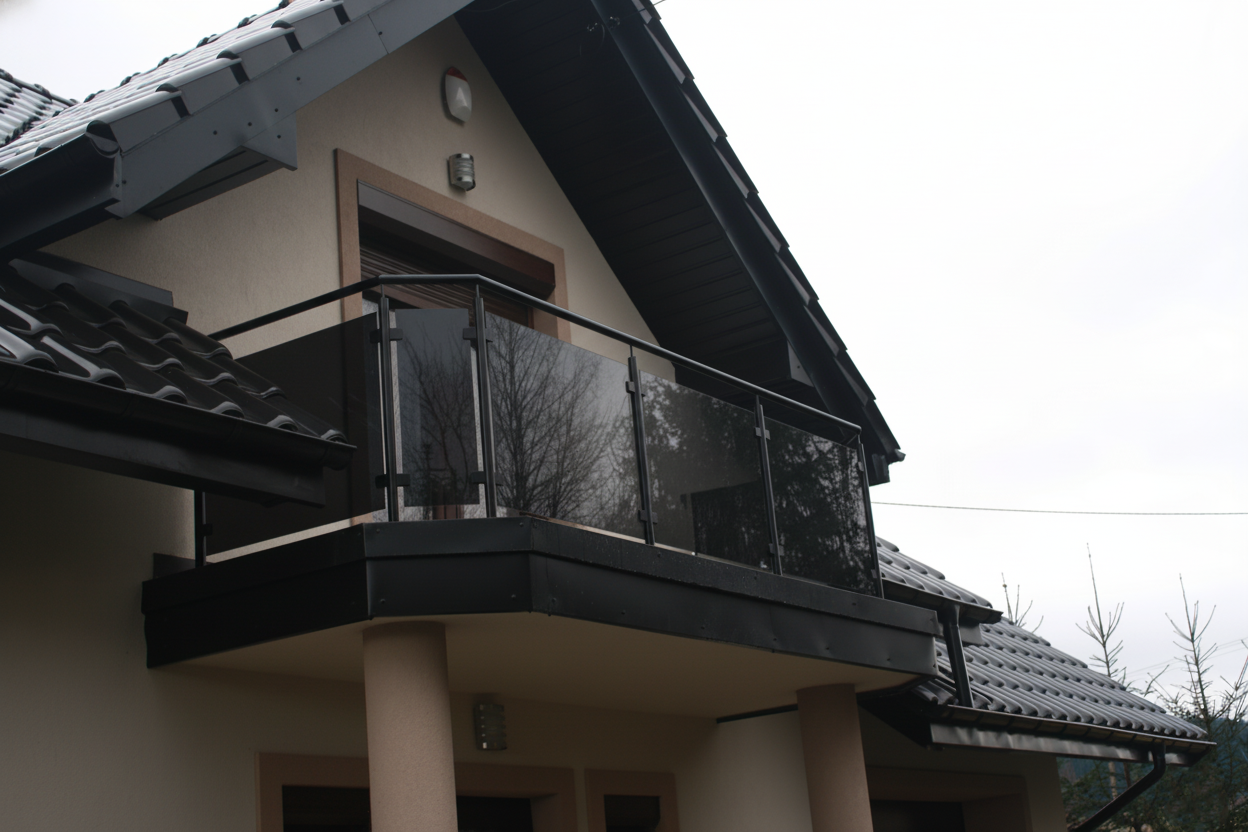 balustrada szklana balkonowa na słupkach z poręczą czarny ral 9005 loft szkło grafitowe