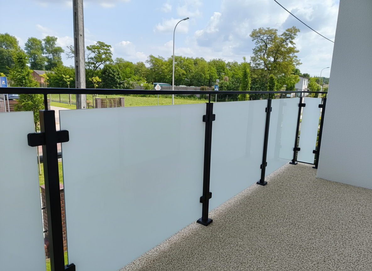 balustrada szklana na słupkach z poręczą antracyt szkło mleczne