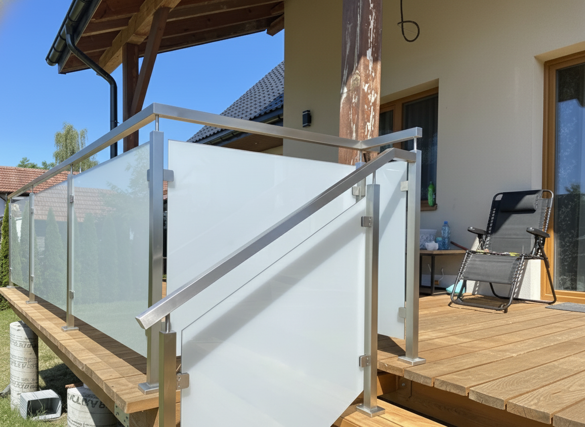 balustrada szklana na słupkach z poręczą szkło mleczne