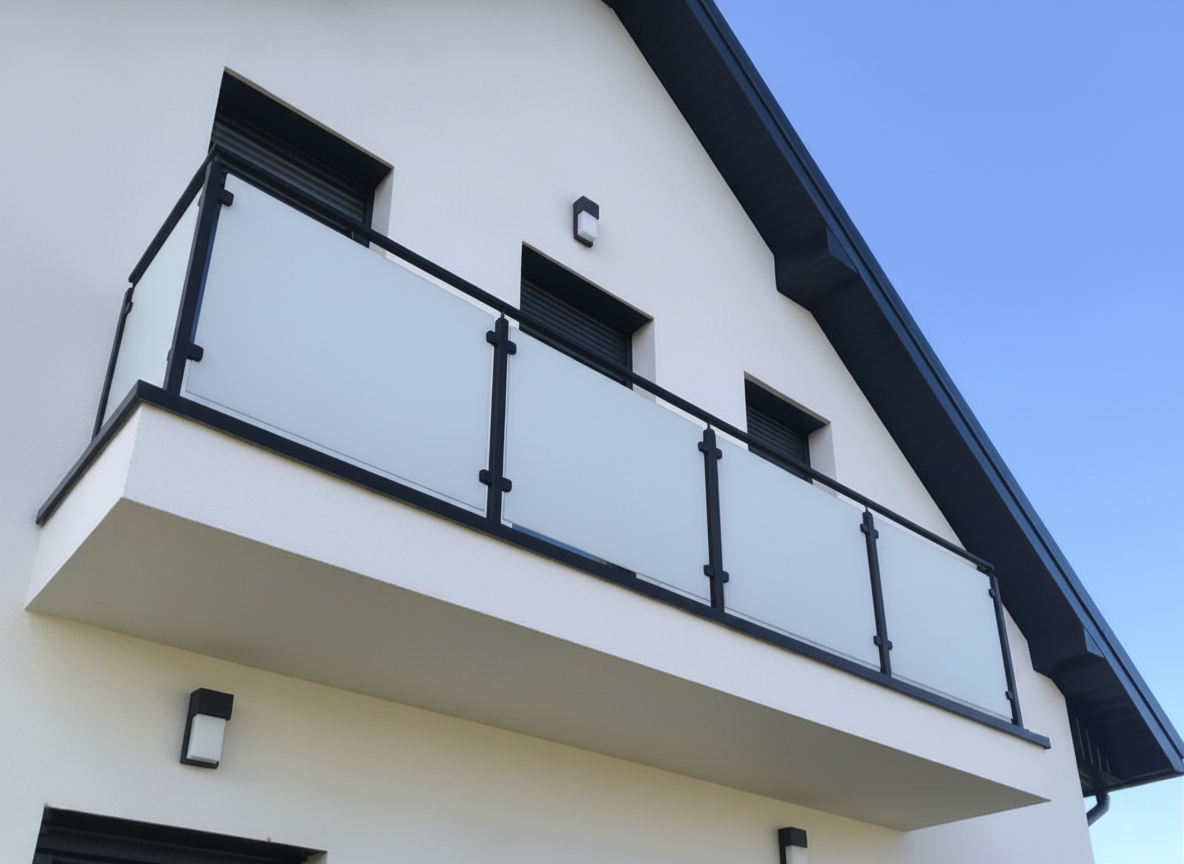 balustrada balkonowa szklana na słupkach z poręczą loft szkło mleczne