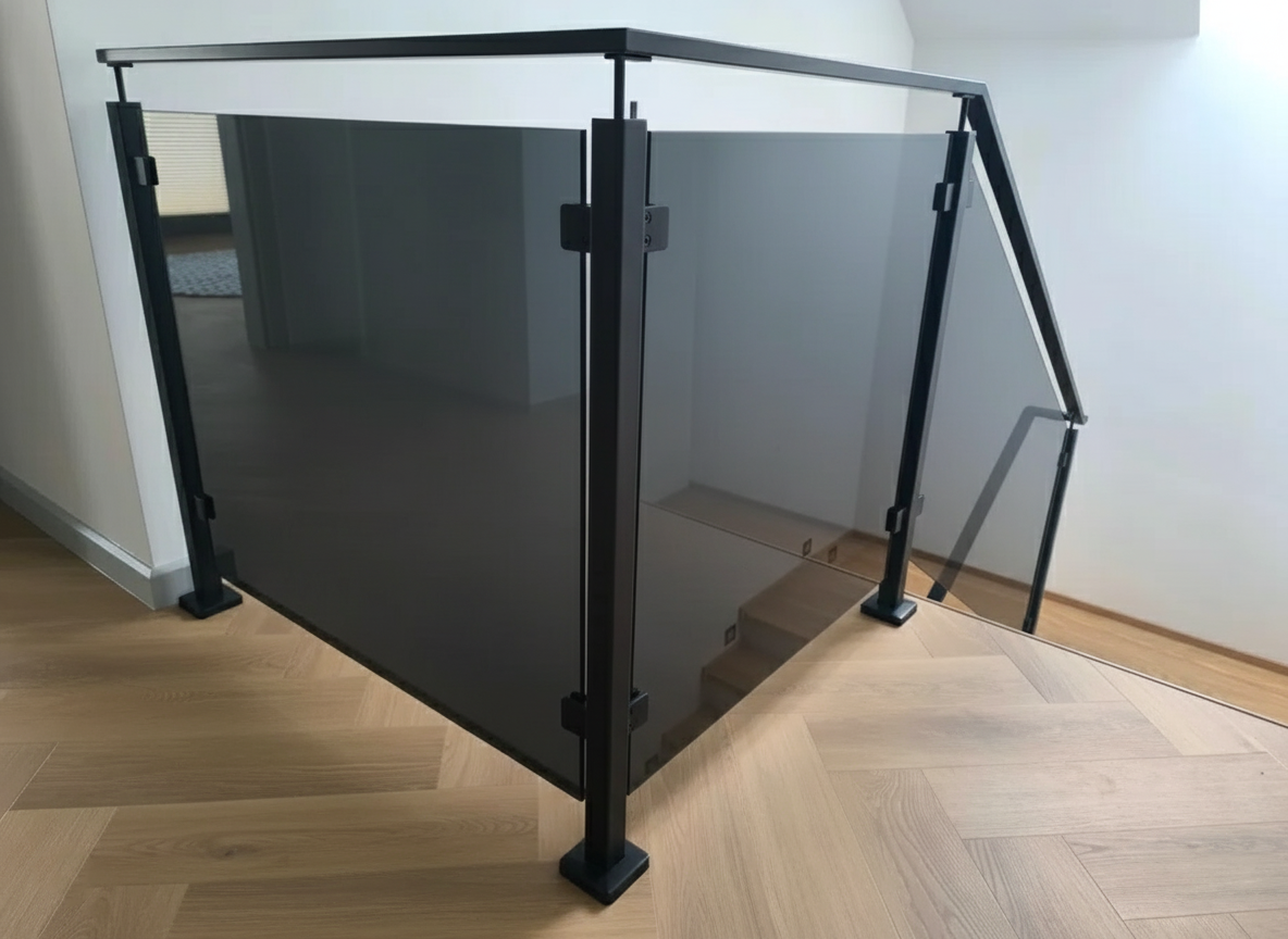 balustrada schodowa szklana na słupkach z poręczą loft szkło grafitowe