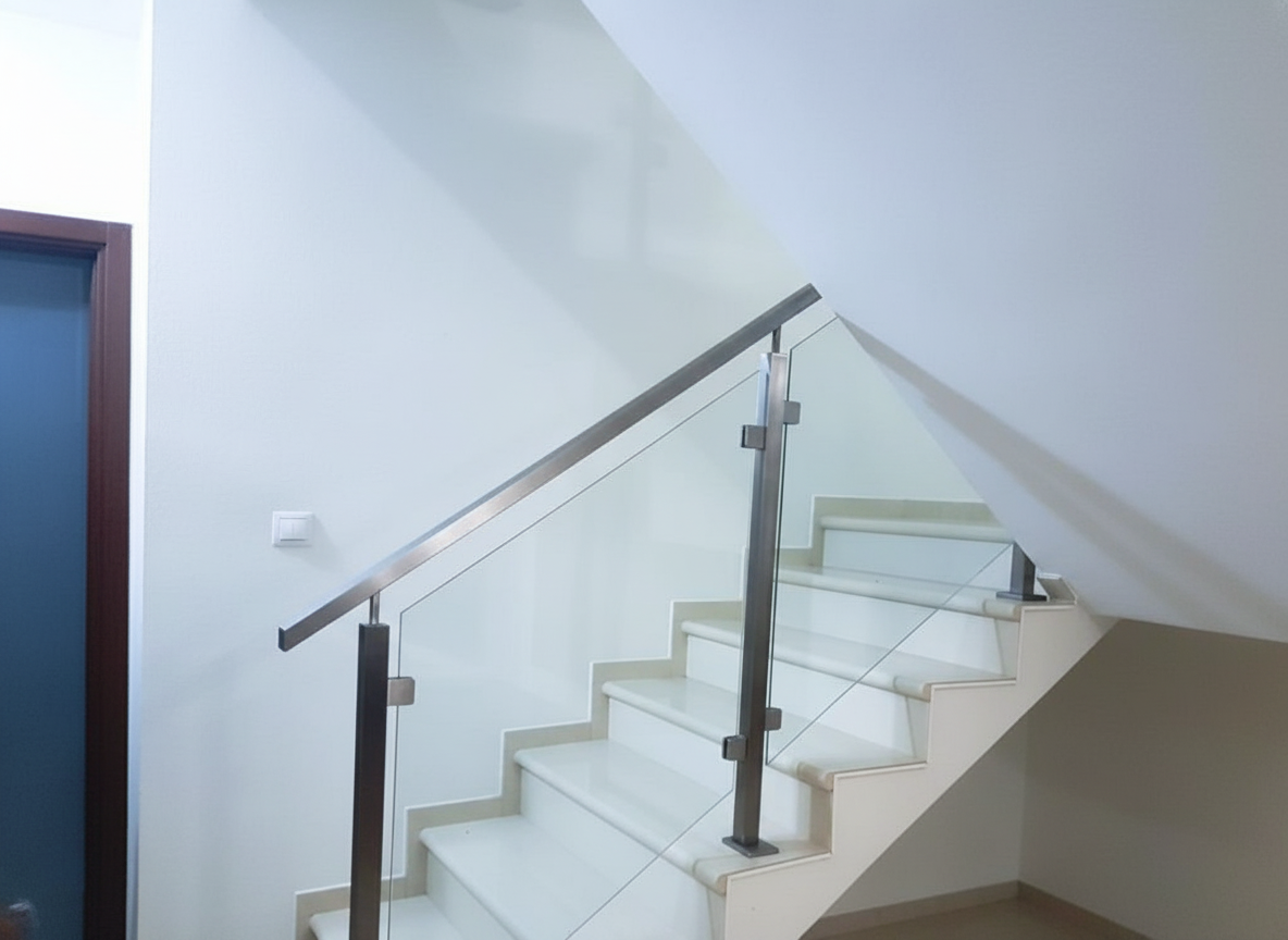 balustrada schodowa szklana na słupkach z poręczą szkło bezbarwne