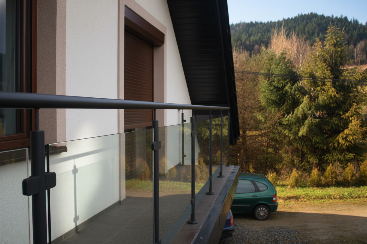 balustrada szklana balkonowa na słupkach z poręcza antracyt ral 7016 szkło bezbarwne