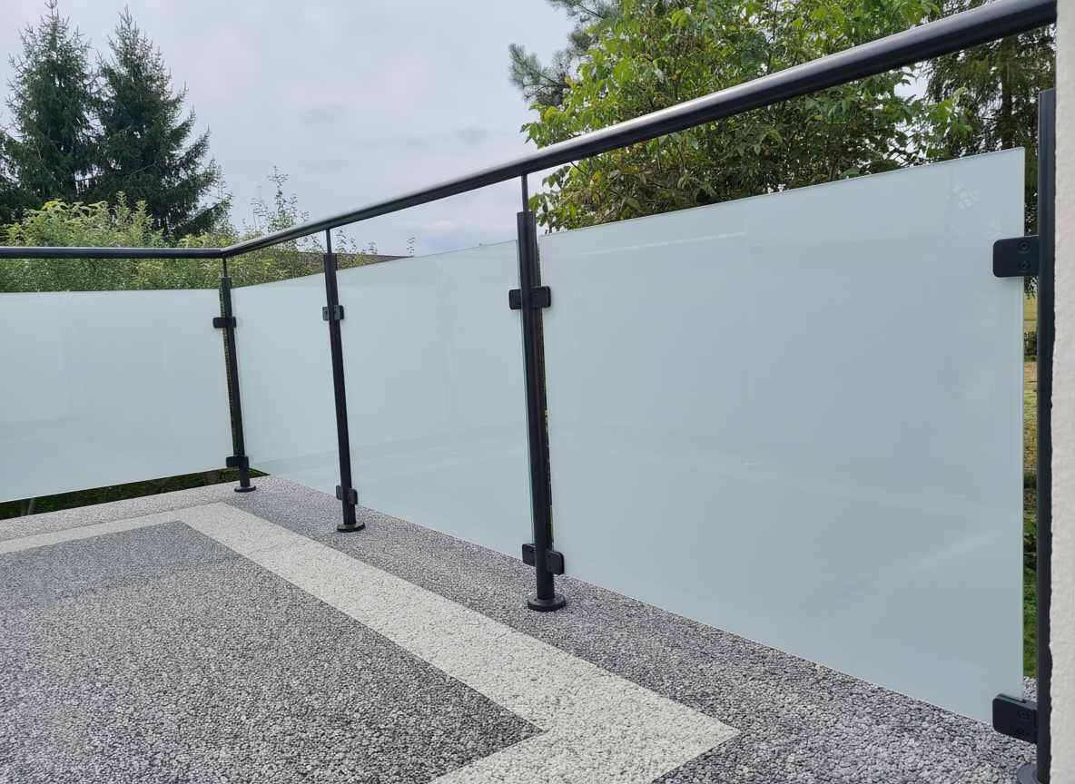 balustrada szklana balkonowa na słupkach z poręczą antracyt ral 7016 szkło mleczne