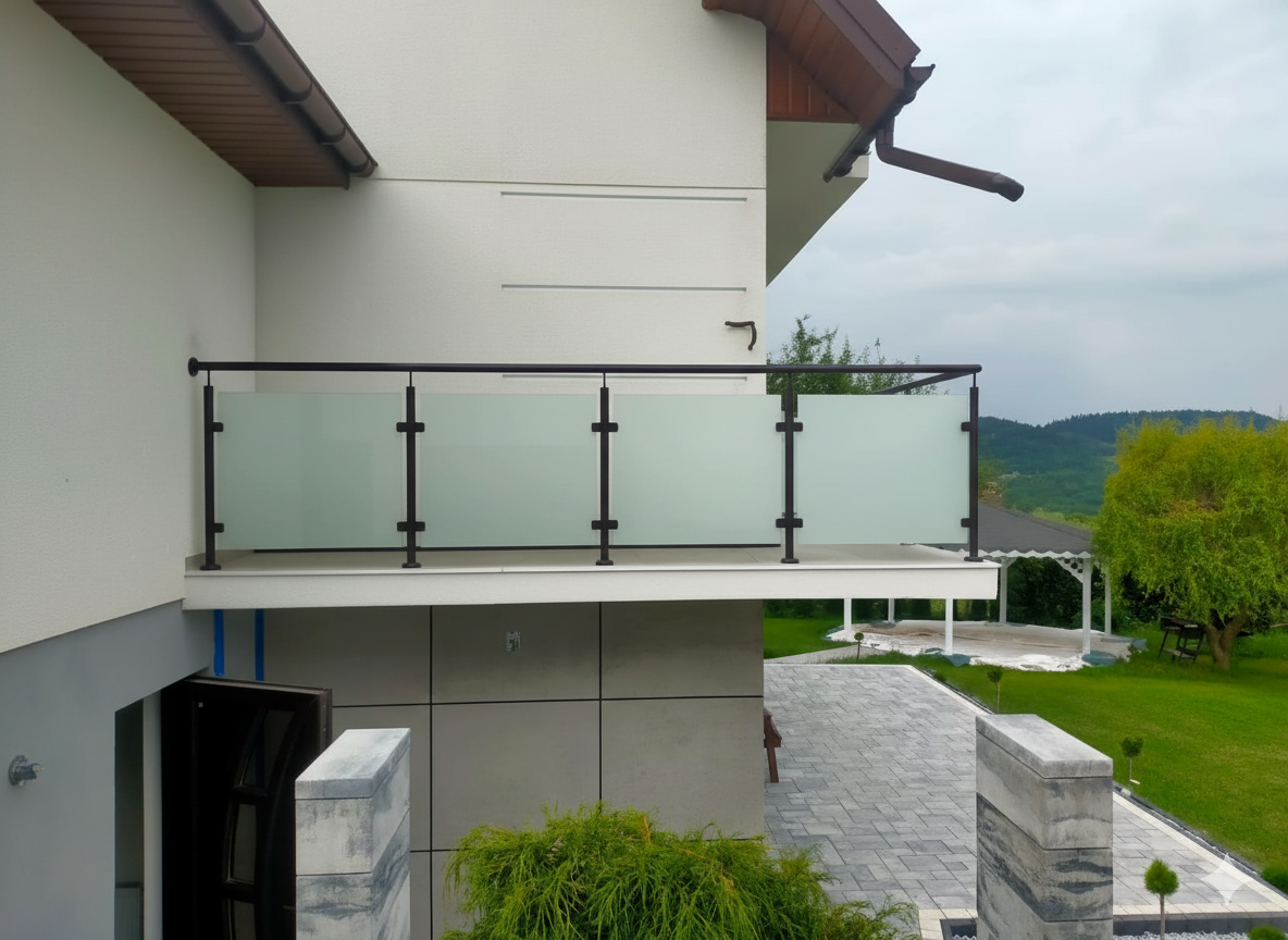 balustrada szklana balkonowa na słupkach z poręcza antracyt ral 7016 szkło mleczne