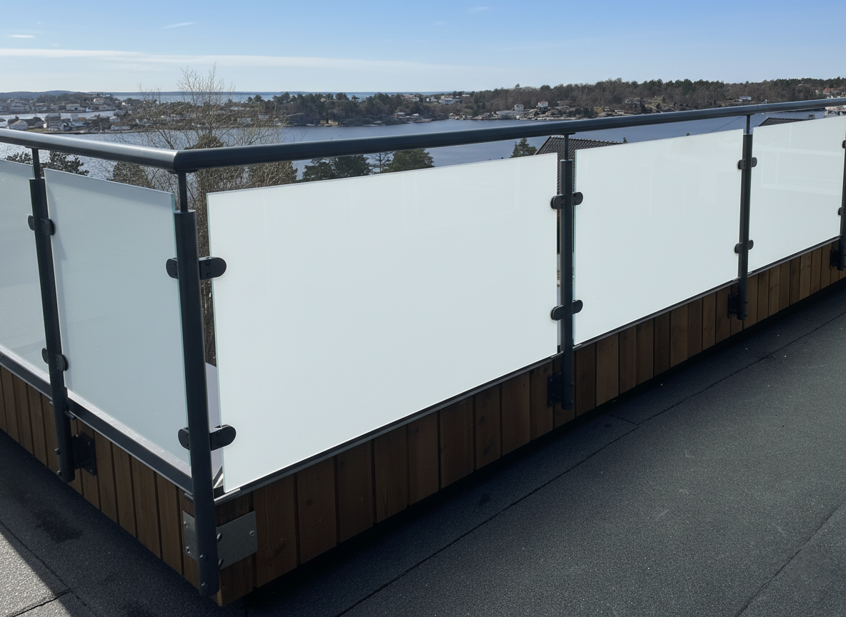 balustrada szklana na słupkach z poręczą antracyt szkło mleczne montaż boczny