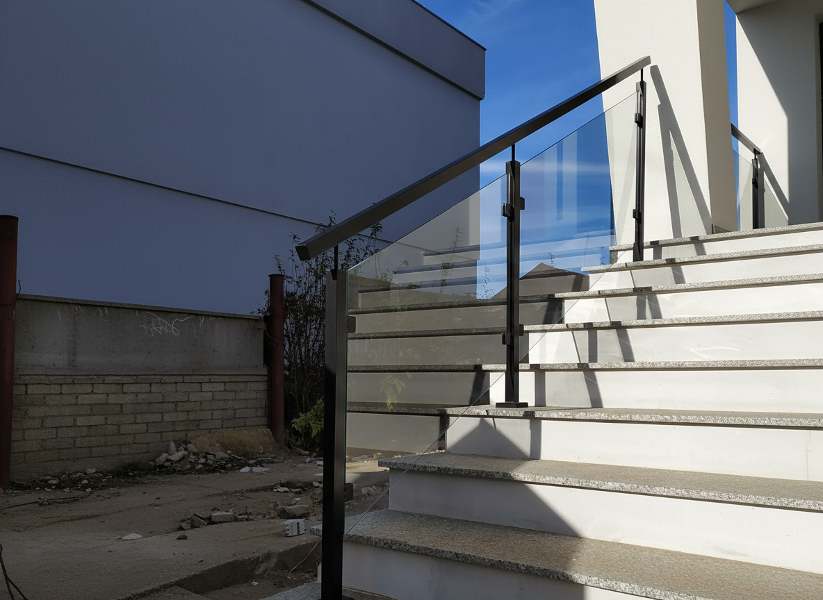 balustrada szklana schodowa na słupkach z poręczą kolor antracyt szkło bezbarwne