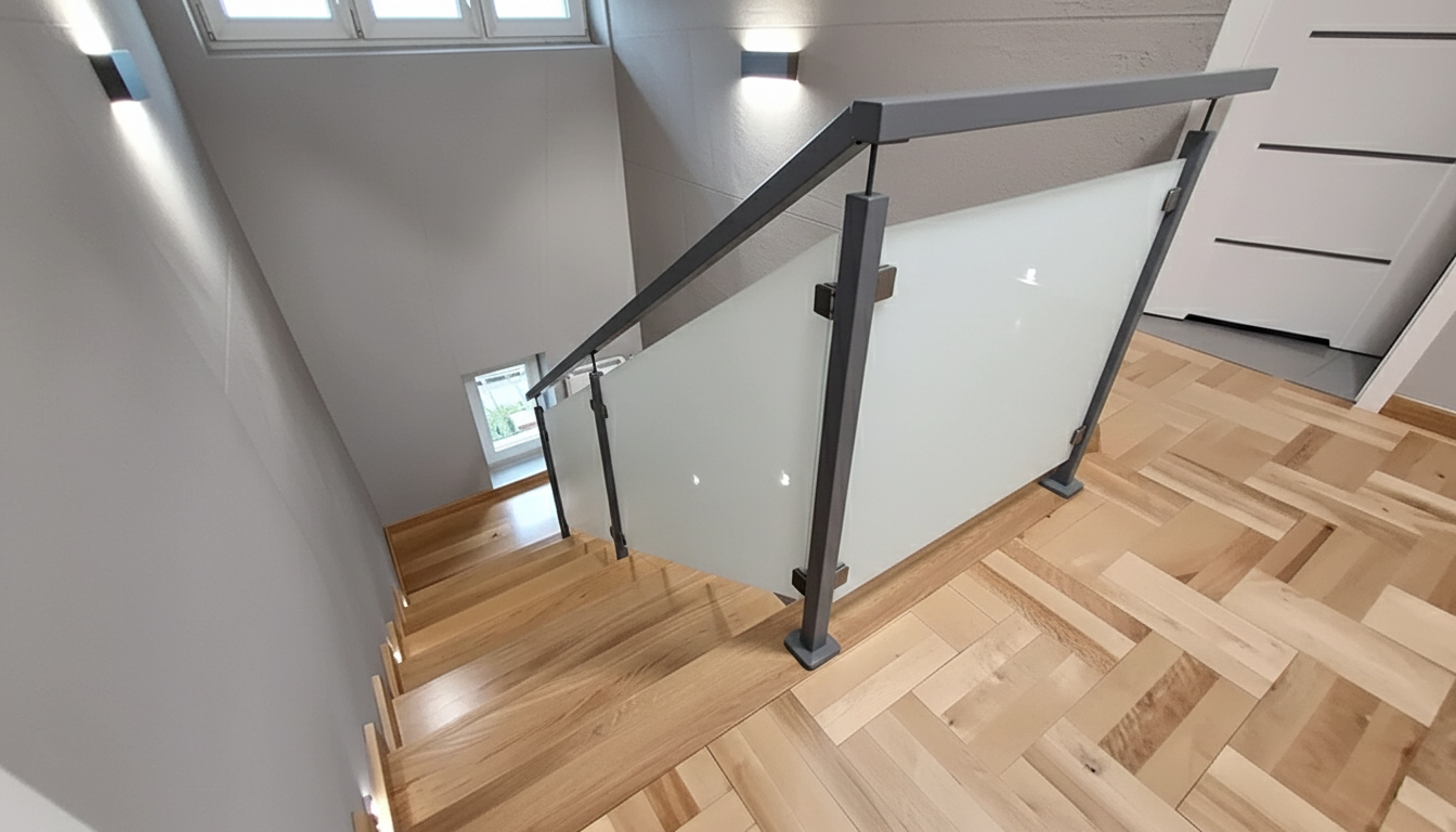 balustrada szklana schodowa na słupkach z poręczą kolor antracyt szkło mleczne