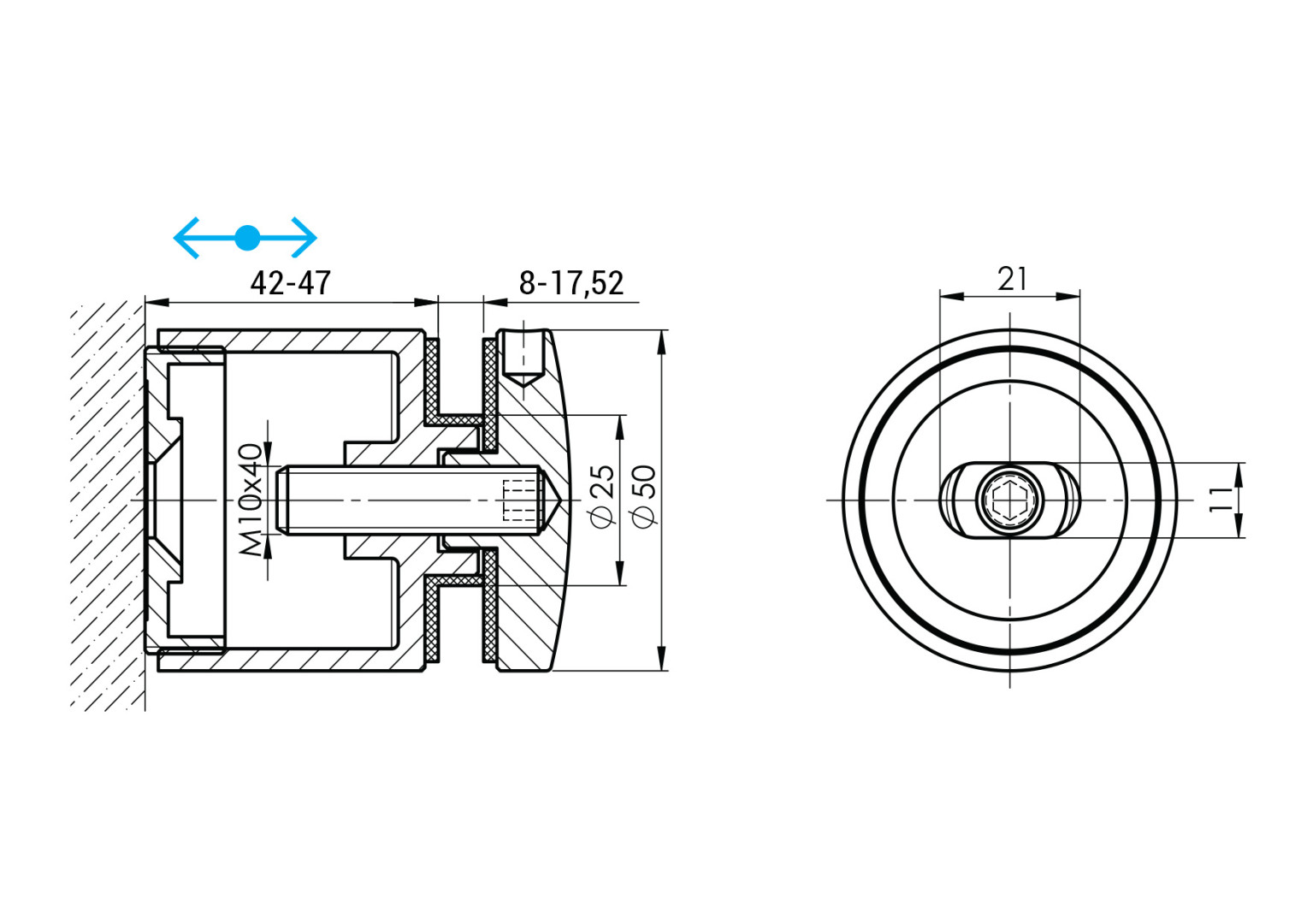 uchwyt punktowy szkła rotula fi 50 regulowany FLEX 2 - rysunek techniczny uchwyt punktowy szkła rotula fi 50 regulowany FLEX 2 - rysunek techniczny