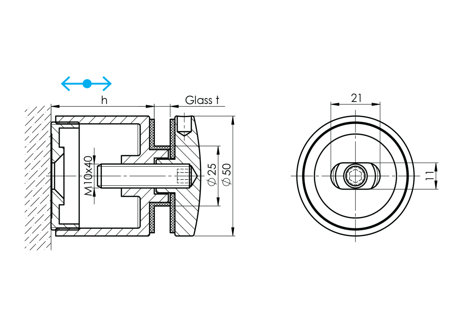 uchwyt punktowy szkła rotula fi 50 regulowany FLEX 2 - rysunek techniczny uchwyt punktowy szkła rotula fi 50 regulowany FLEX 2 - rysunek techniczny